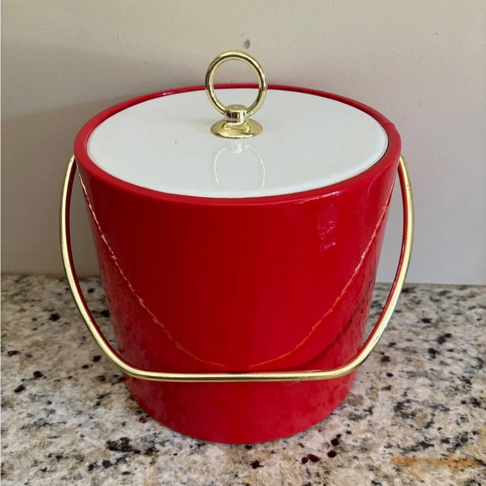Vintage Mid-Century Bright Red Ice Bucket Barware USA Retro Mod Gold Handle